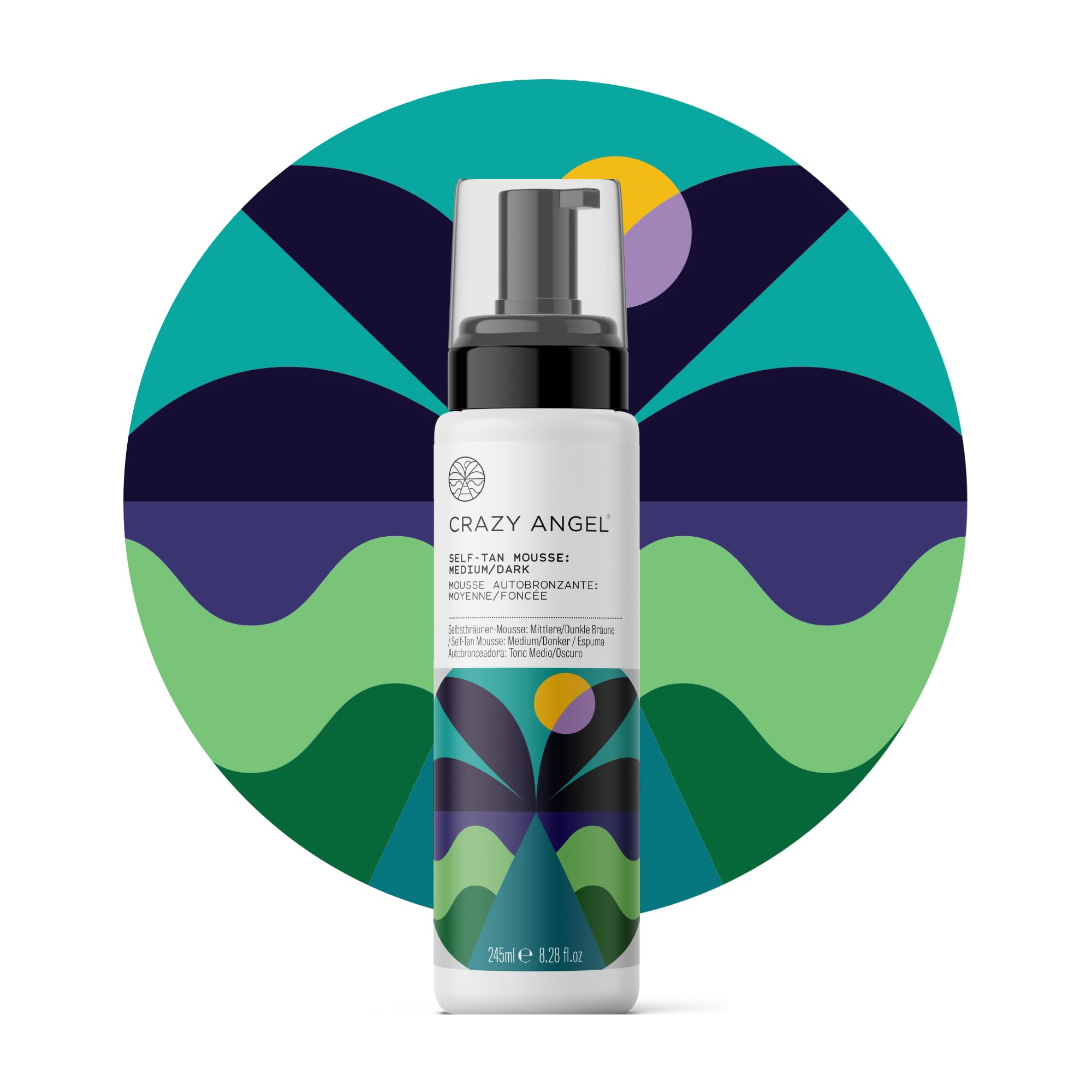 Crazy Angel Vegan Self-Tan Mousse (Medium/Dark Tan). Made in UK. 245ml.