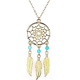 swglcowo Dream Catcher Turquoise Pendant Necklace Bohemian Charm Feather Tassel Filigree Blue Turquoise Beaded Long Chain Necklace for Women Men Boho Tribal Style Festival Party Fashion Jewelry Gifts