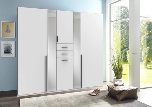 Lifestyle4living Kleiderschrank 6 Turig In Weiss Mit Schubladen Drehtuhrenschrank Mit Spiegeln Waschebox Und Vielen Fachern Ca 225 Cm Amazon De Kuche Haushalt