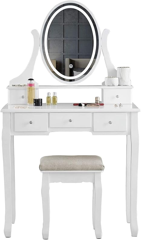 Ice Cream What S Your Flavour Icecreamliving Luna White Dressing Table With Oval Led Mirror Lights And 5 Drawer Stool Amazon De Kuche Haushalt