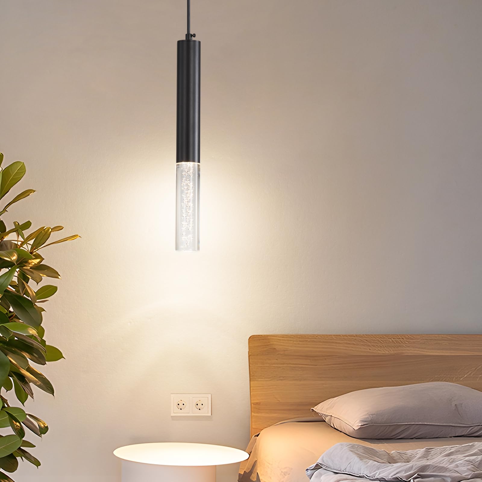 Mikeru Cylindrical Pendant Light - 3 Colour Temperature 3000k/4500k/6500k Crystal Hanging Fixture for Kitchen Island, Restaurant, Office, Bar - 1 Pack