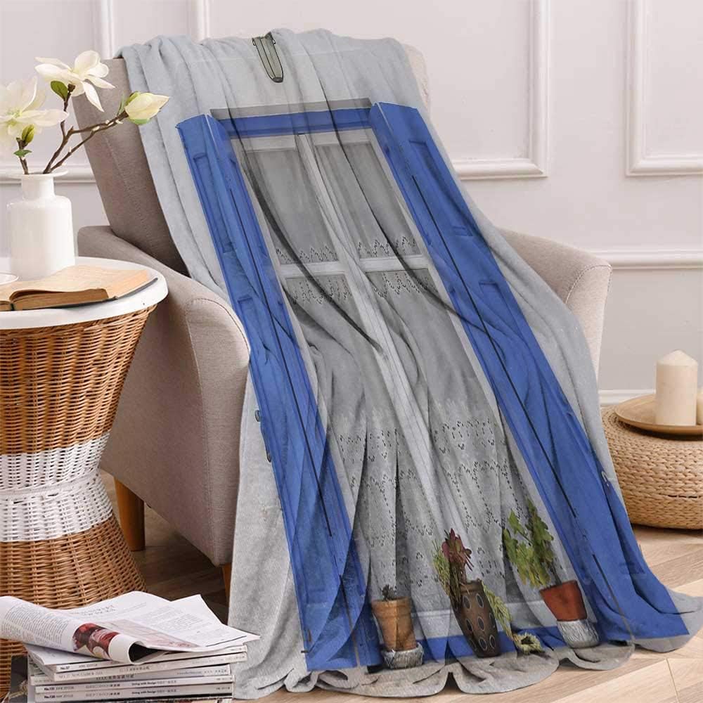 nooweihome Country All Season Blanket Typical Greek Style Wooden Window Shutters with Flowers Mediterranean Decor Camp Chair Blanket White Tuquoise 70"x90" inch