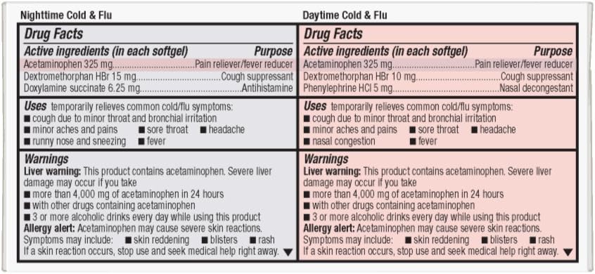  Basic Care Cold & Flu Relief Multi-Symptom Daytime/Nighttime Combo Pack Softgels; Cold Medicine, 48 Count: Health & Personal Care