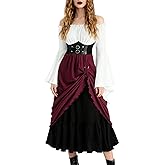Rosegalette Renaissance Costume Women Bell Sleeve Cold Shoulder Lace up Ruffle Medieval Corset Dress Halloween Costumes