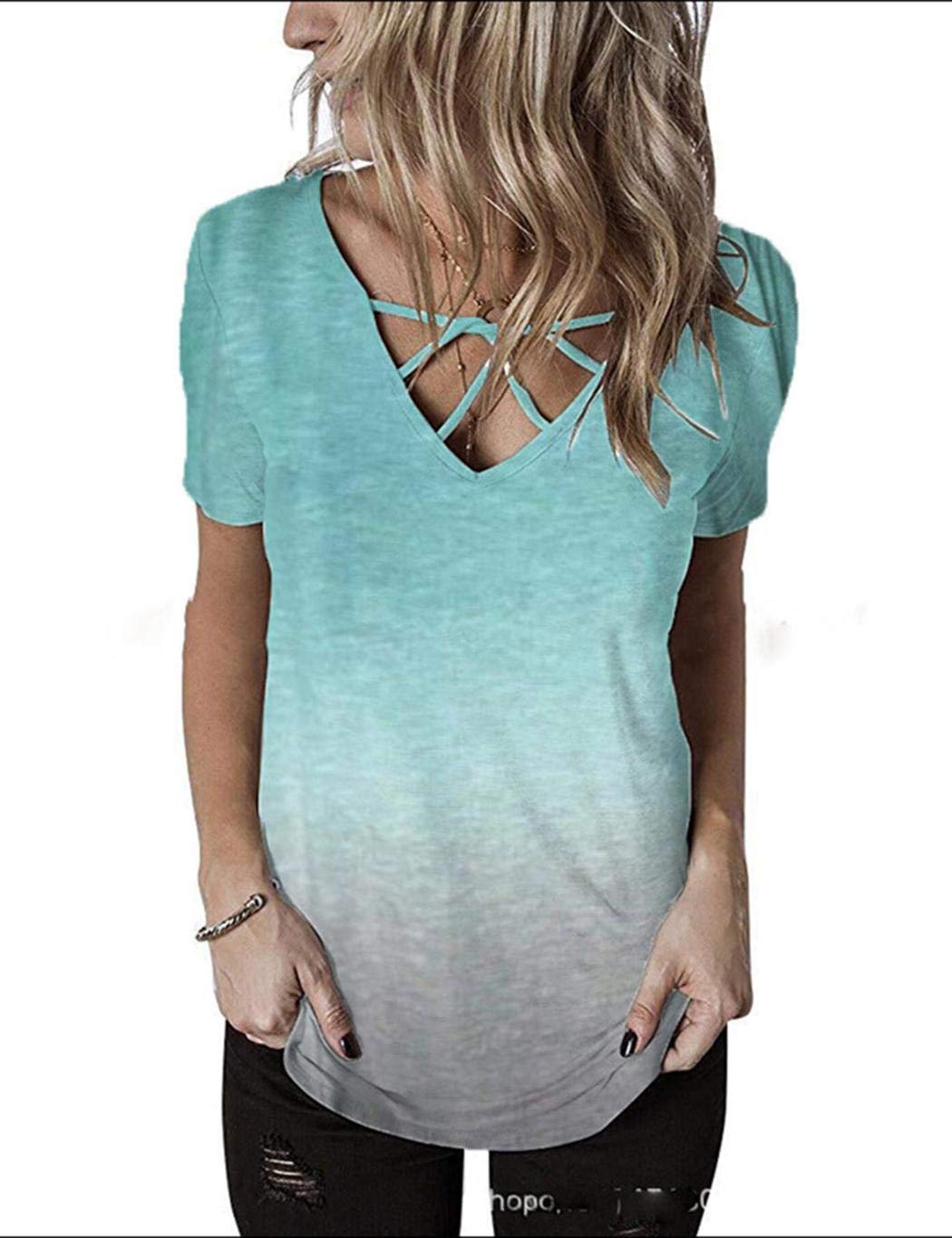 UpBeauty Women V Neck Crossover Gradient Printed T-Shirt Short Sleeve Top Knits & Tees Light Green