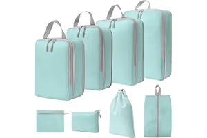 WOOMADA Compression Packing Cubes for Suitcases Travel Essentials 8 Set Expandable Travel Bags Organizer for Luggage(8pcs-turquoise)