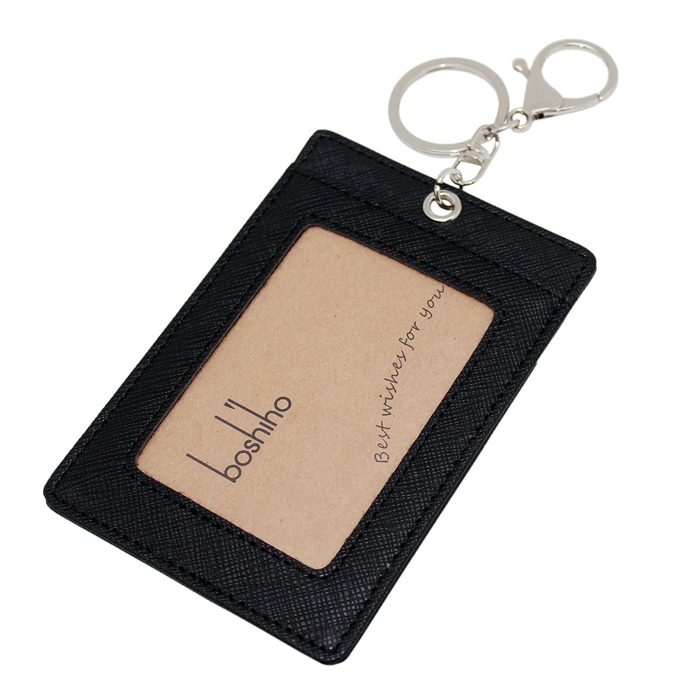 Leather ID Card Badge Holder: Boshiho Faux Leather Office Card Holder Wallet with Keyring 1 ID Clear Window Vertical Style (Black)