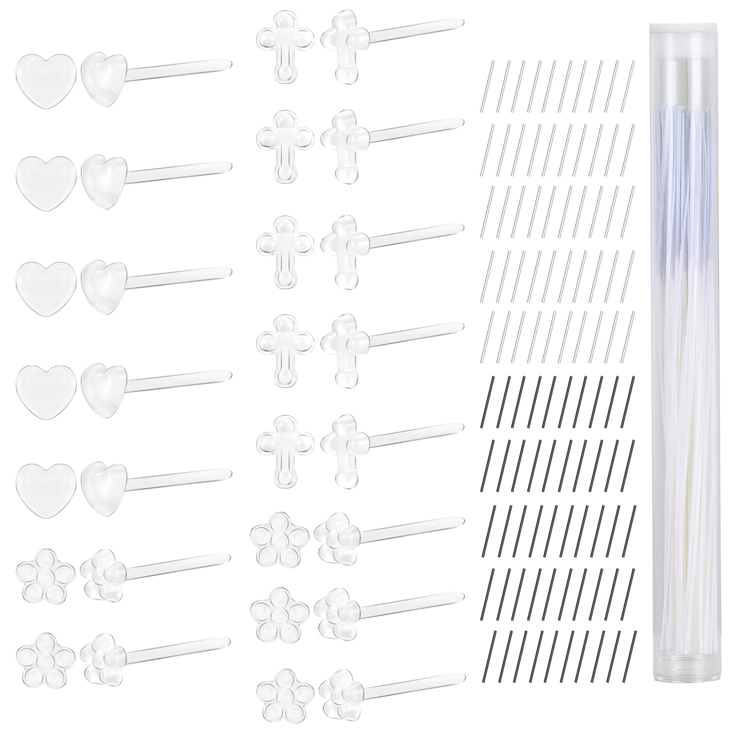 AoedeJ 15 Pairs Silicone Clear Earrings Invisible Plastic Earrings with 60 Pcs Ear Floss with 100 Pcs Earring Posts for Sports Work