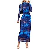 MEROKEETY Women's Spring Wedding Guest Dress 2026 Long Sleeve Bodycon Floral Mesh Fall Cocktail Holiday Party Maxi Dresses