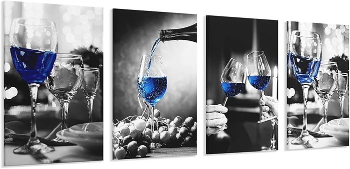 4 Panels Modern Canvas Print Art Home Decor Wine Glass Wall Artwork Framed Canvas Wall Art for Living Room & Bedroom (Blue Wine Glass, 8x12inchesx4pcs)