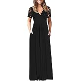 AUSELILY Maxi Dresses for Women 2026 Lace Short Sleeve V Neck Wrap Long Dress with Pockets