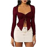 WDIRARA Women's Long Sleeve Front Tie Top Sexy Mesh Bell Sleeve Shirt