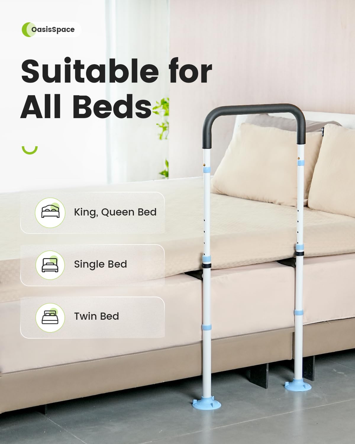 OasisSpace Bed Rail for Seniors, Medical Adjustable Bed Assist Rail Handle and Fall Prevention Safety Hand Guard Grab Bar for Elderly, Handicap - Fit King, Queen, Full, Twin