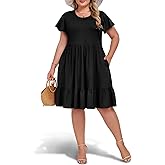 Women's Plus Size Casual Dress Crew Neck Ruffle Floral Short Sleeve Summer Midi Dresses with Pockets