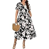 RITERA Plus Size Midi Dress for Women Casual V NeckShort Sleeve Ruffle Flowy Boho Drawstring Tassel Waist XL-5XL
