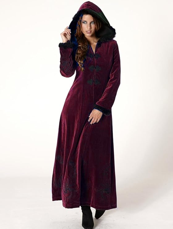 Luxury Velvet Coat with Hood (Extra Large, Wine Red) Amazon.co.uk