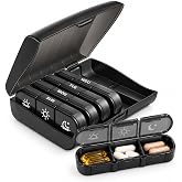 Weekly Pill Organizer AM PM 2 Times a Day, 7 Day Pill Box with 7 Individual Cases, Portable Travel Medication Organizer for Vitamins &amp; Supplements, Black Plastic Pill Case Set