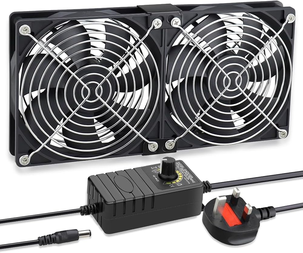 GDSTIME 2x120mm 12V PC Fan with 220V/240V AC Plug Speed Controller Dual Ball