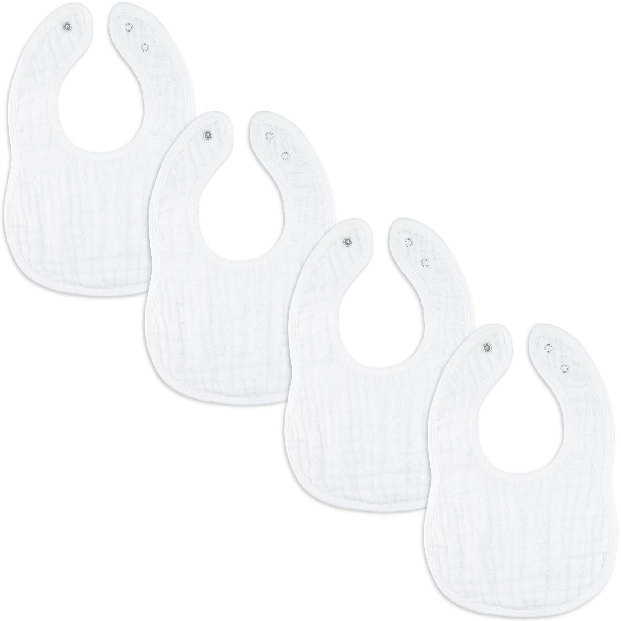 Comfy Cubs Muslin Baby Bibs Pack of 4 - Adjustable Drool Bibs with Easy Snap Closures - Soft and Highly Absorbent for Teething and Drooling - Unisex Design for Boys and Girls - White