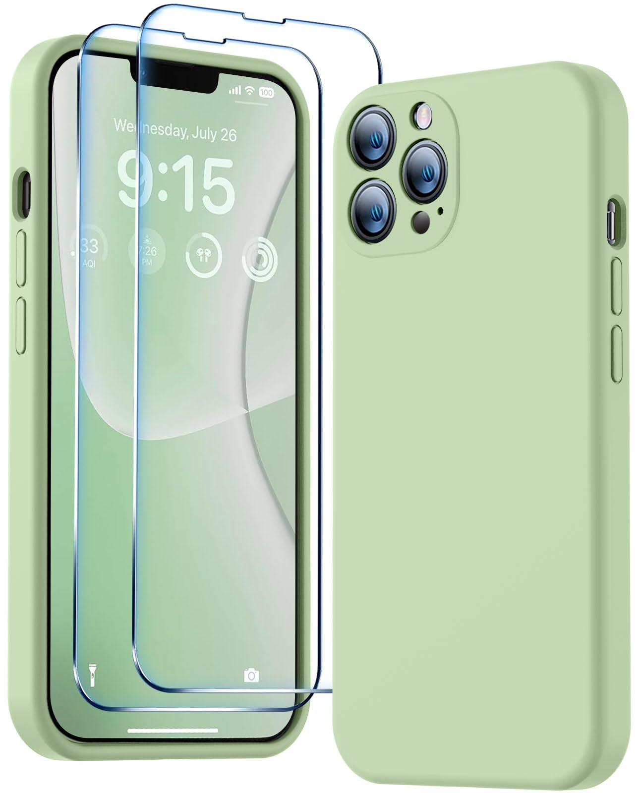 Photo 1 of BossKiss Compatible with iPhone 13 Pro Max Case, Premium Liquid Silicone Case [Velvety Touch] [2 Pcs 9H Tempered Glass Screen Protector], Camera All-Round Protection Shockproof Kit Case, Matcha