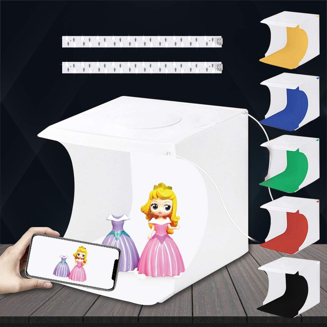 PULUZ Photo Studio Box with LED Light, 20cm Mini Portable Photography Lighting Tent Kit, White Foldable Shooting Softbox with 2x20 Lights + 6 Backdrops for Product Display