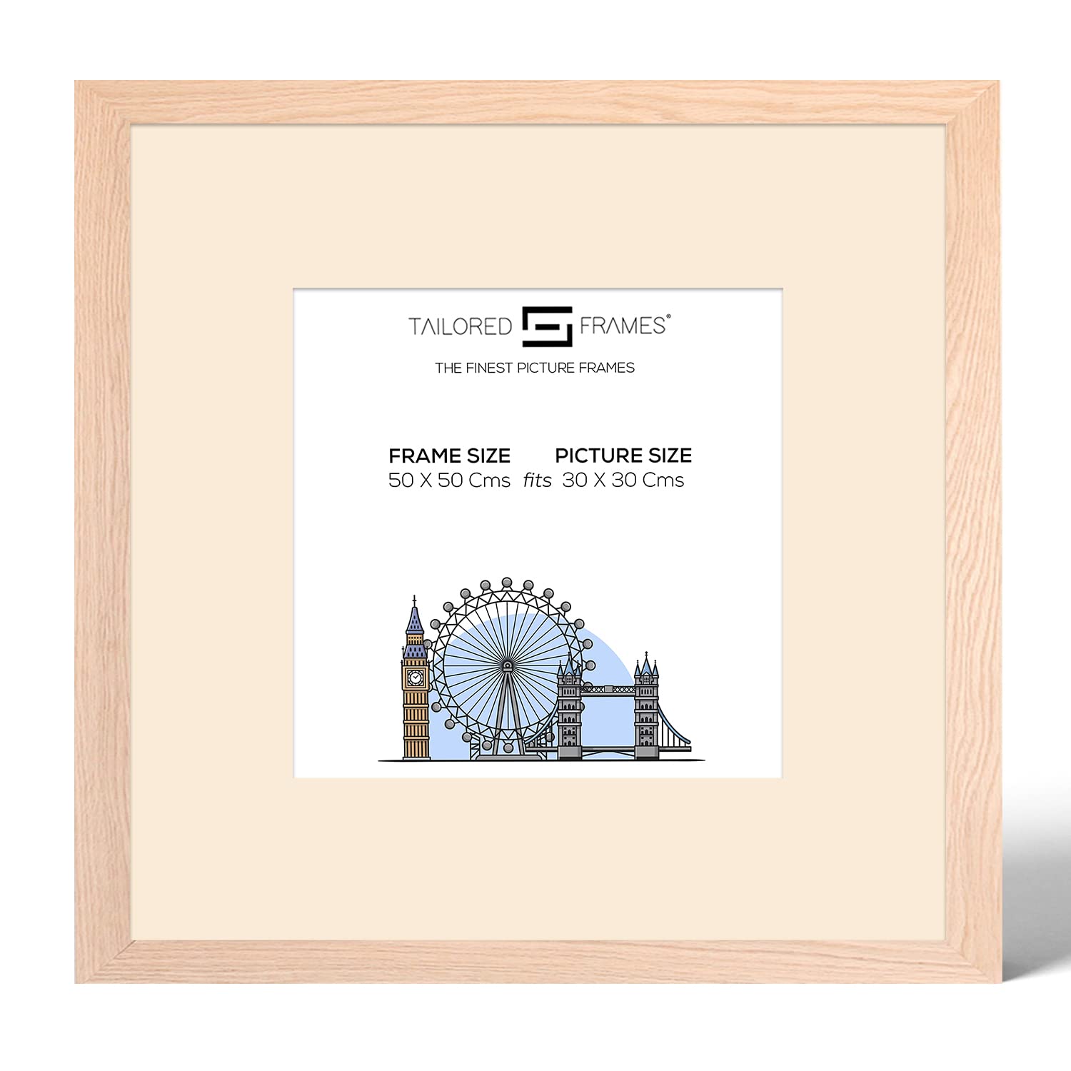 Tailored Frames 99 Solid Natural Oak 50 x 50Cm Frame for 30 x 30Cm Picture | Single Picture Frames | Wall Hanging Type | Photo Frame with Antique Mount — image 1