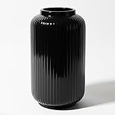 Black Ceramic Vase, 7.87 Inch Modern Small Ribbed Textured Flower Vase for Pampas Grass & Dried Flowers - Minimalist Home Decor, Watertight, Non-Slip Base