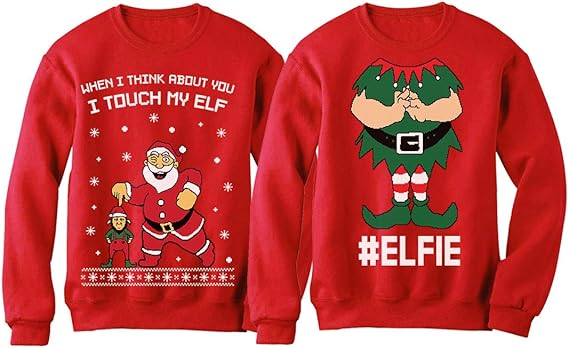 I Touch My Elf Elfie Ugly Christmas Sweater Sweatshirt Funny Matching Couple Set At Amazon Women S Clothing Store