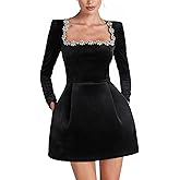 Melliflo Womens Velvet Mini Dress Elegant Square Neck with Rhinestone Stitching Long Sleeve Slim A-Line Dress with Pockets
