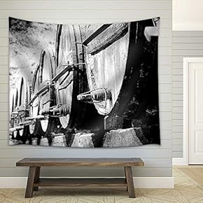 Whisky or Wine Barrels in Black and White - Fabric Wall Tapestry Home Decor - 51x60 inches