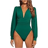 GORGLITTER Women's Sexy Ruched Deep V Neck Long Sleeve Bodysuit Plunging Neckline Leotard Shirts