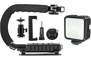 PULUZ U/C Shape Video Action Stabilizing Handle Grip Handheld Stabilizer Kit with Phone Clamp + LED Studio Light for Canon Sony Nikon Cameras and Home DV Camera Smartphones