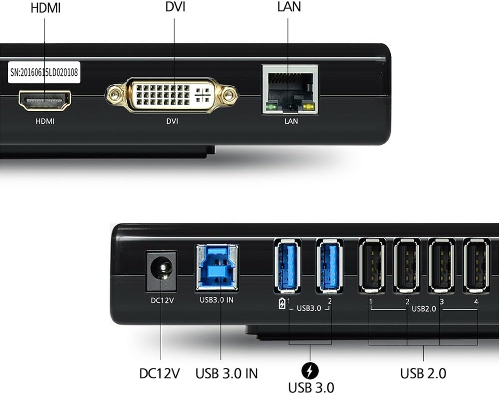 WAVLINK USB 3.0 / USB C Universal Dual Display Docking Station Support HDMI and DVI/VGA/HDMI with 6 USB Ports,Gigabit Ethernet and Audio Jack for Windows and Mac - Image 4