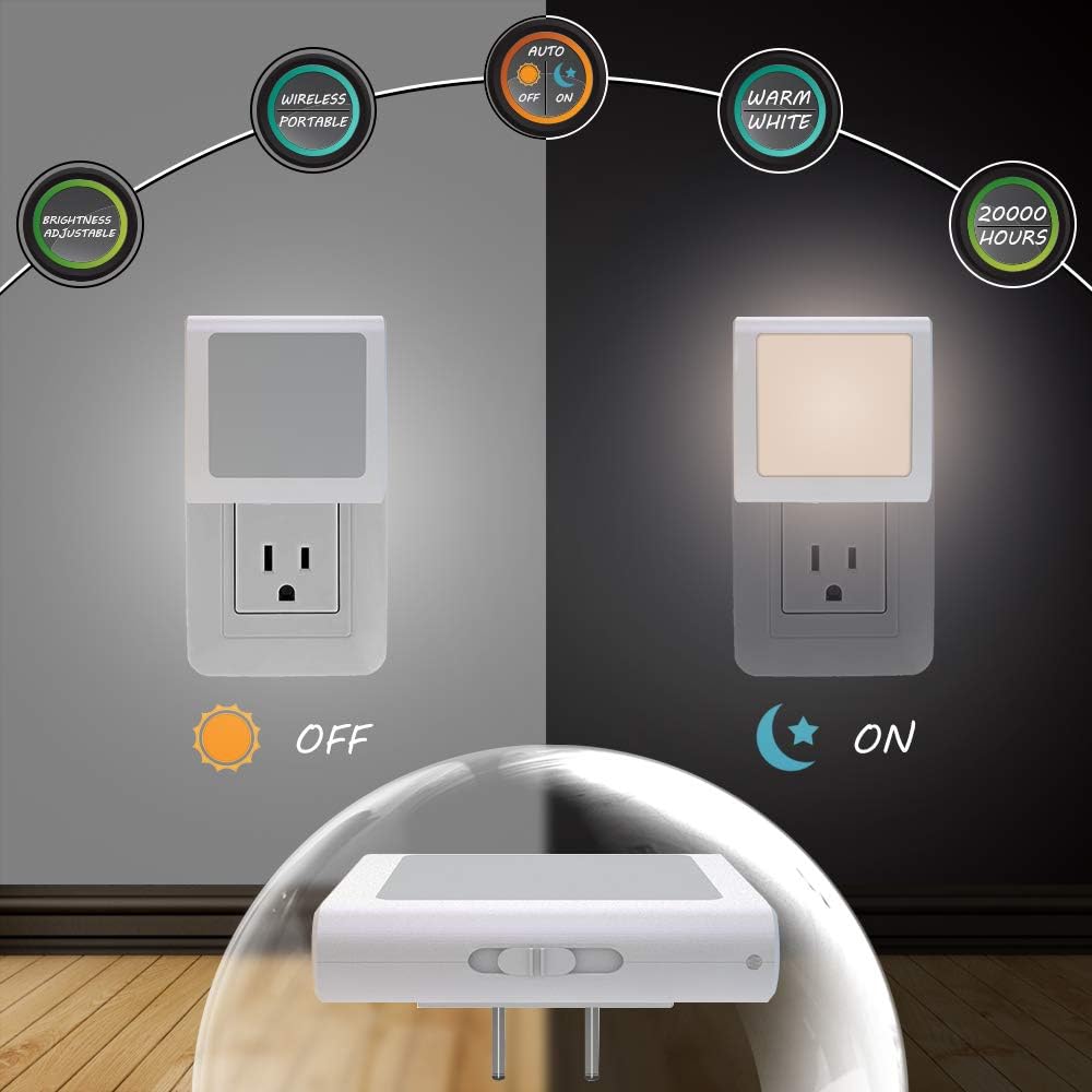 MAZ-TEK Plug-In Led Night Light with Auto Dusk to Dawn Sensor, Adjustable brightness Warm White lights for Hallway, Bedroom, kids Room, Kitchen, Stairway, 2 Pack - - 