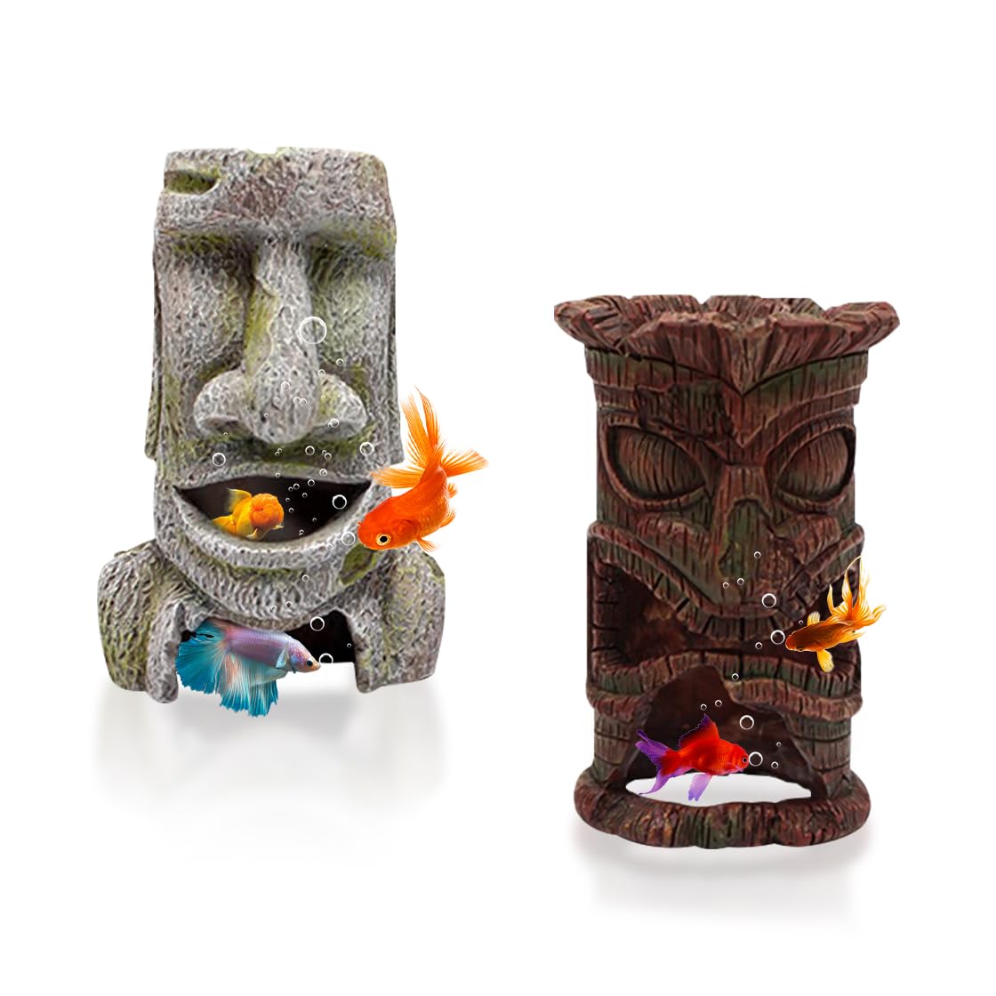 HyzaPhix Moai Aquarium Decorations Tiki Fish Tank Hideout Shelter Easter Island Statue Cave Antique Decor for Betta Shrimp Cichlid Hiding Aquarium Ornament (Moai +Tiki)