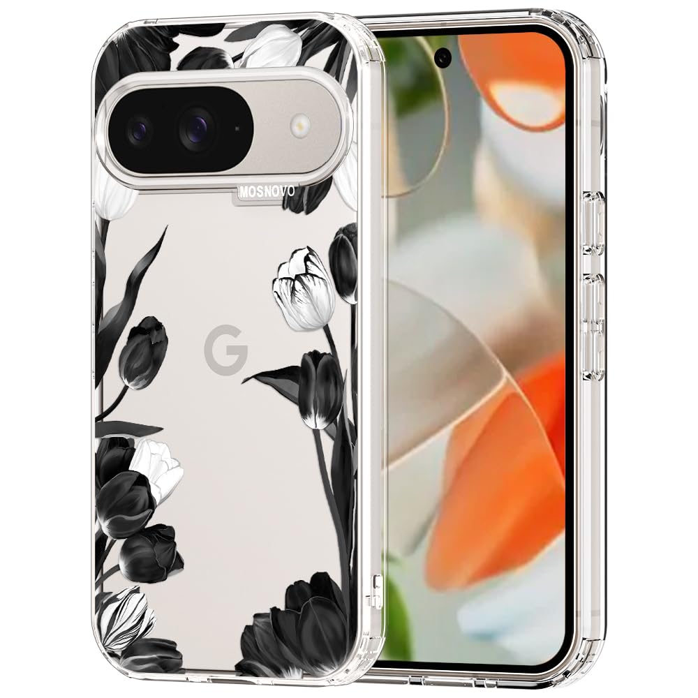 MOSNOVO Case for Google Pixel 9 & Pixel 9 Pro, [Buffertech 6.6ft Military-Grade Drop Protection] [Anti Peel Off Tech] Clear TPU Bumper Phone Case Cover Design - Black White Tulips