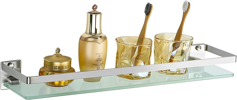 SAYAYO 50cm Tempered Glass Wall Shelf with SUS304 Rail Brushed Finish