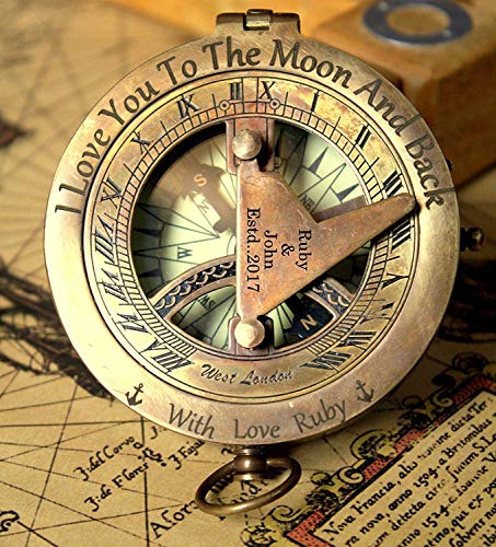 Personalized engraved sundial compass, Engraving on top lid and gnomon, Gift for all occasions, Christmas, New year, Graduation, Love gift, Get well soon, wedding anniversary. Free real leather case - Thumbnail 7