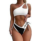 SherryDC Women's Cheeky Cutout One Shoulder Bikini Color Block V Cut High Leg Two Pieces Swimsuit