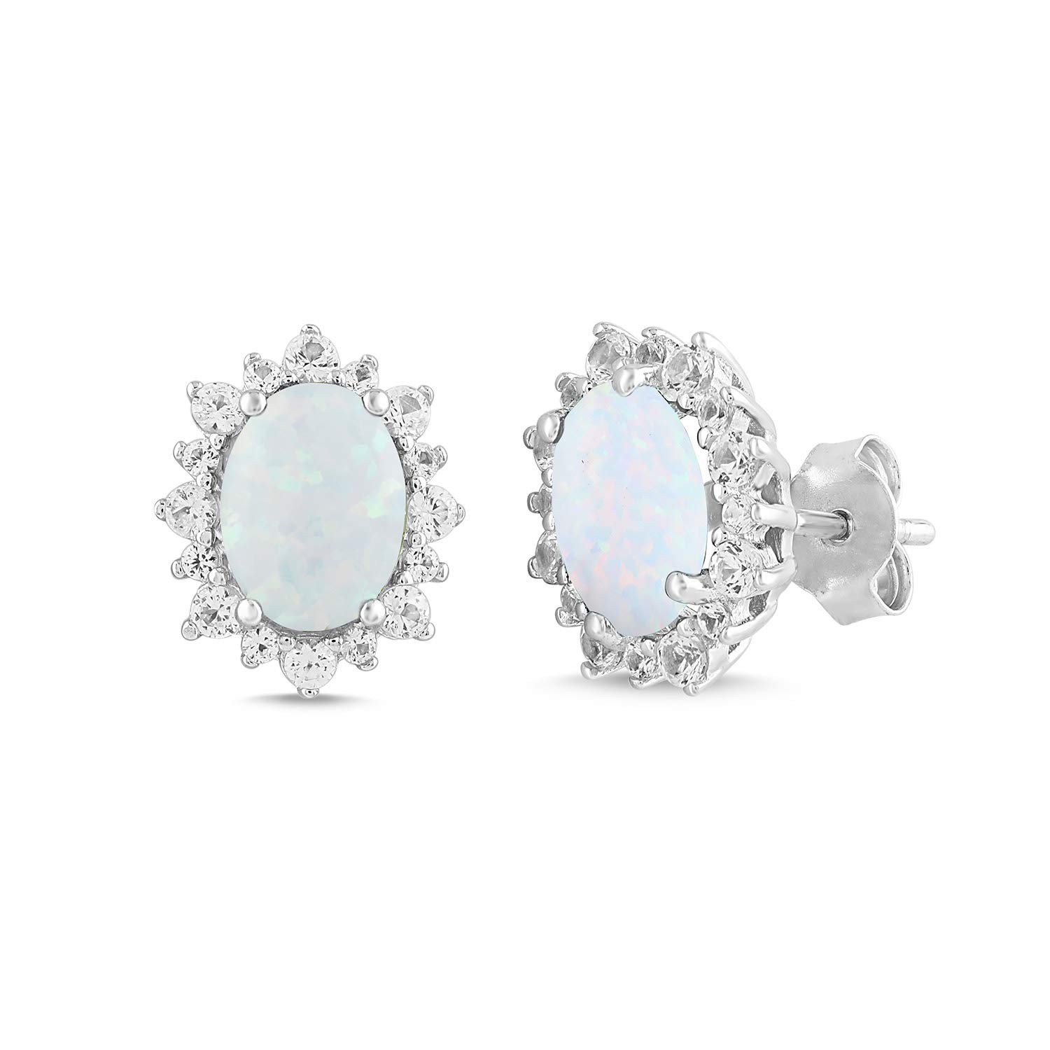 Lab Created Opal Stud Earrings with Created White Sapphire Halos in Sterling Silver - 6 x 8 Oval Lab