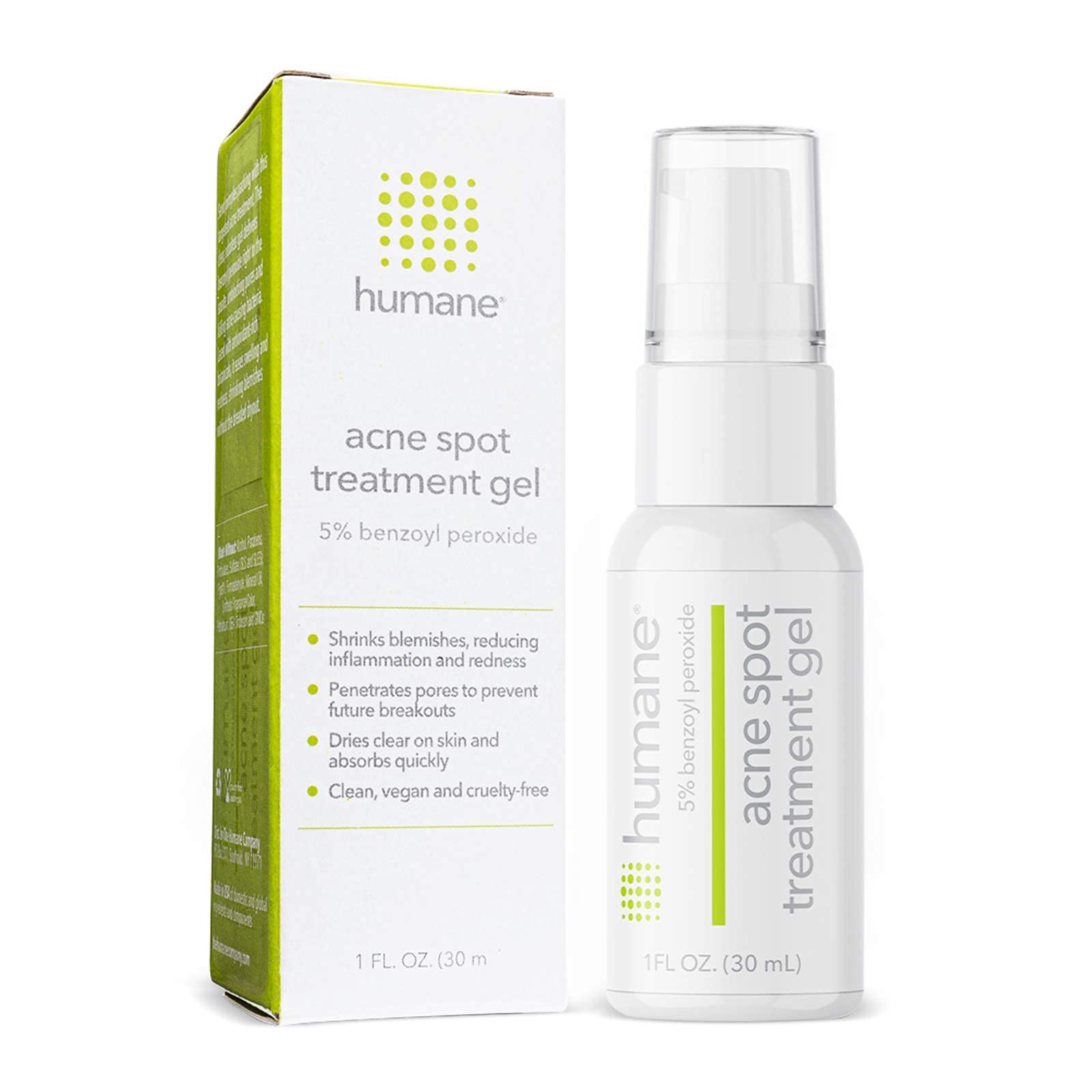 Humane Acne Spot Treatment Gel - 5% Benzoyl Peroxide Helps Unclog Pores and Provides Blemish Relief - Soothing Aloe Vera Gel and Licorice Root Extract - Vegan and Cruelty-Free - 1 Fl OZ