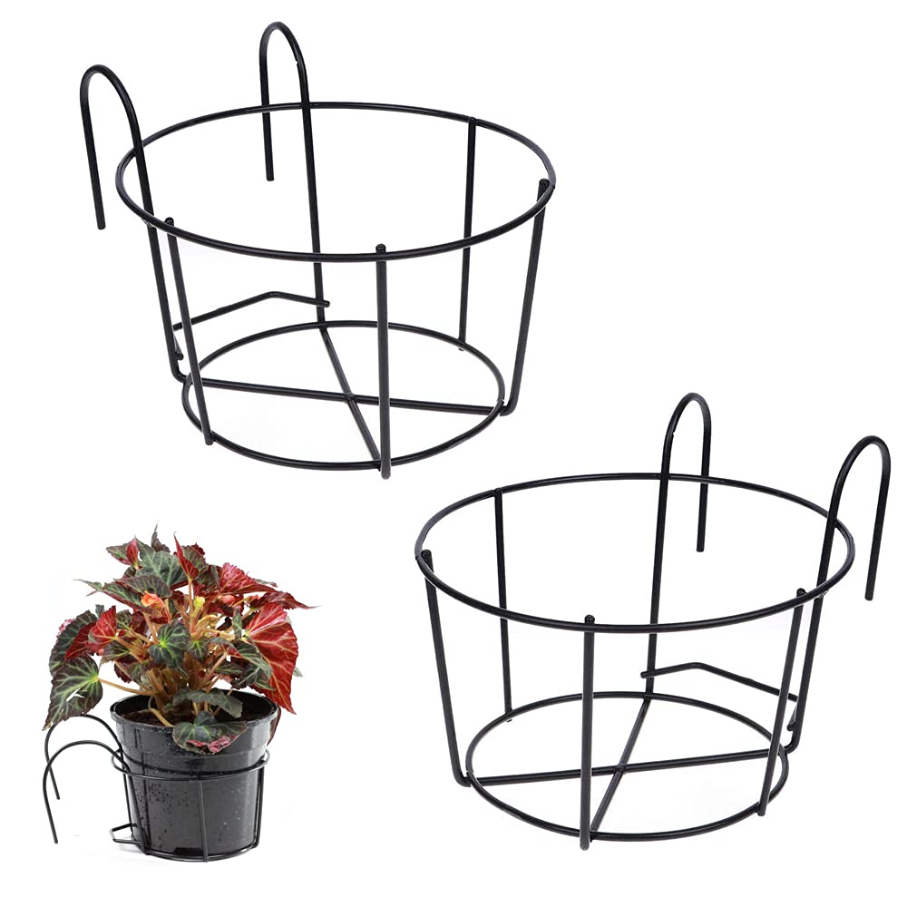Bhina 2 Pcs Fence Metal Potted Stand,Hook Round Flower Stand,Round Plant Baskets Shelf,Fence Hanging Railing Plant Pot,Railing Planters Flower Pot,Suitable For Balcony,Garden,Fence,Indoor And Outdoor