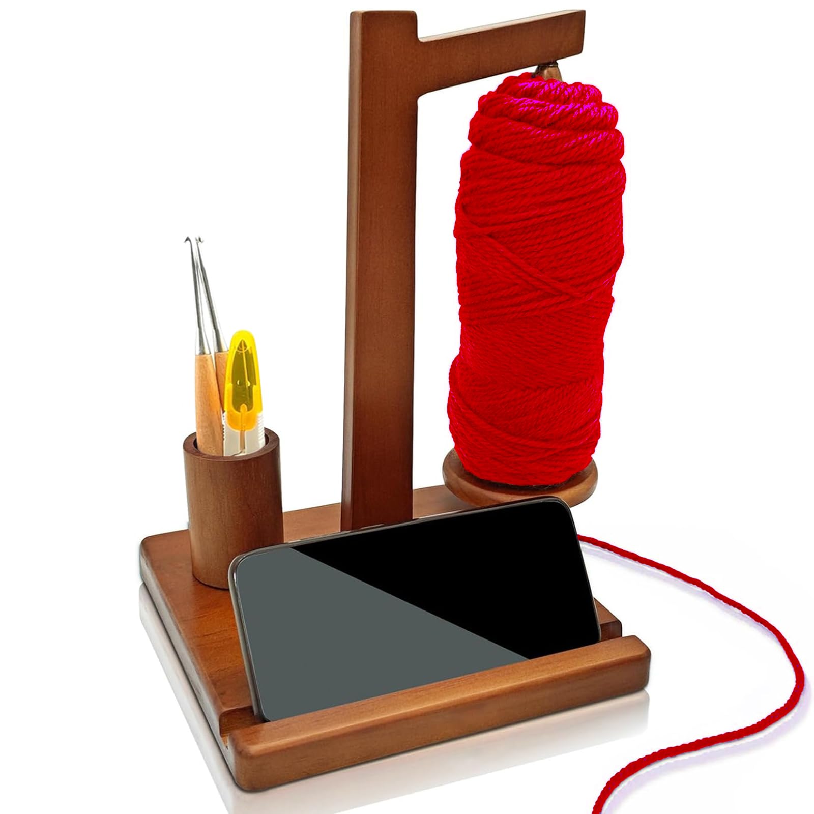 Wooden Yarn Holder with Phone Stand, Hook Storage and Magnetic Spinner - Gift for Crochet Lovers (Walnut)