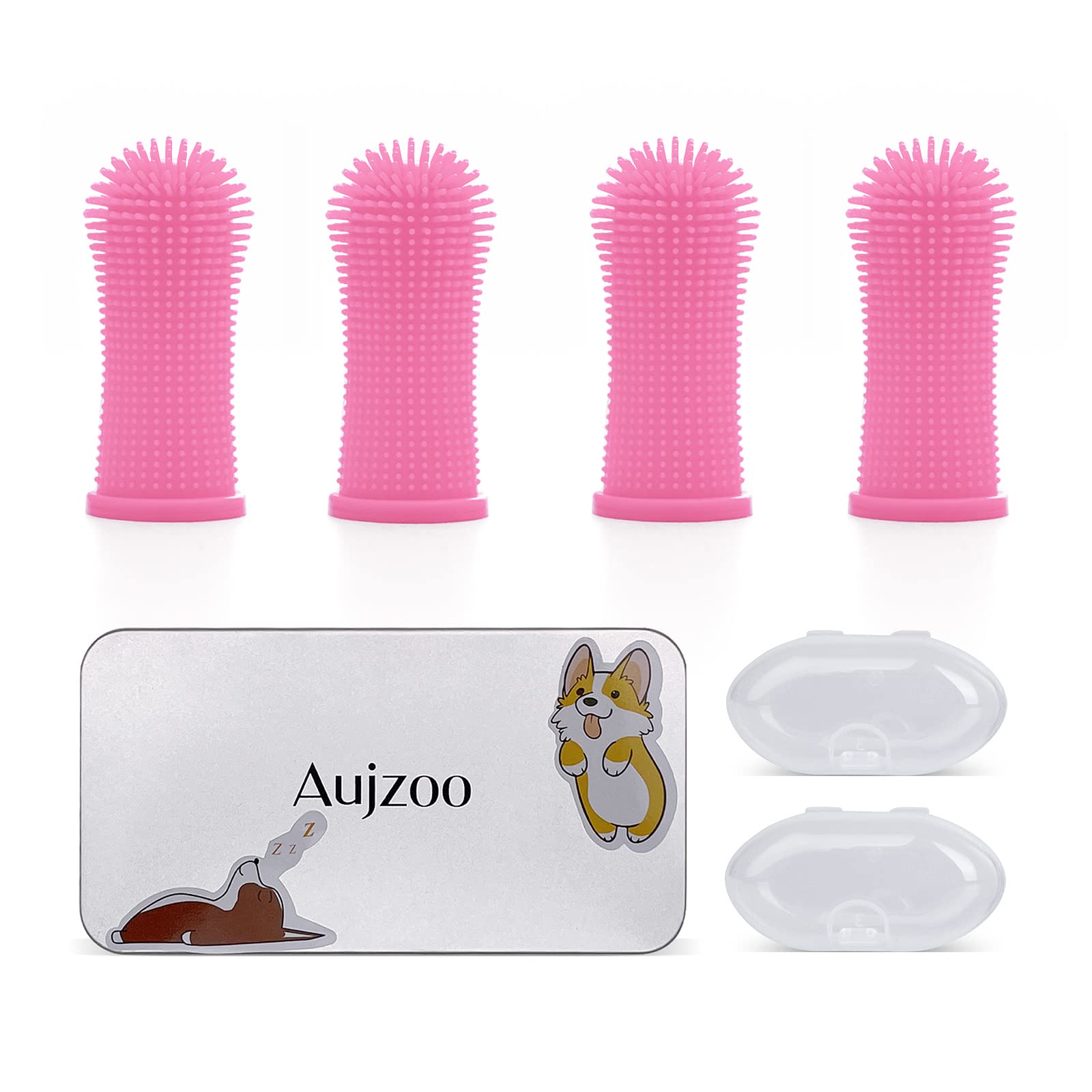 Aujzoo Dog Toothbrush, 360º Pets Teeth Cleaning Toothbrush for Dogs Cats Dental Care, Silicone Finger Teeth Brush Set of 4 03-Pink