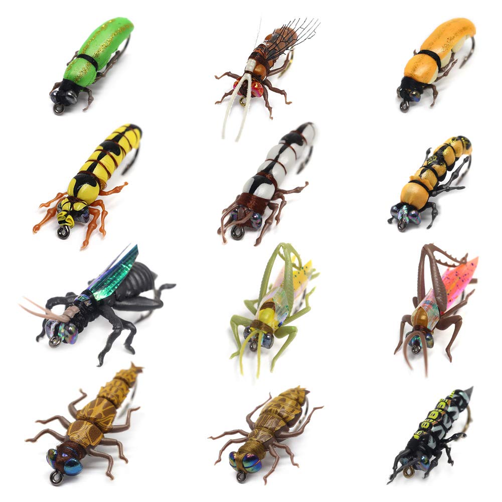 YZD Premium Realistic Flies Terrestrials Selection Cricket Grasshopper Beetle Bumble Wasp Ladybug Fly Fishing Dry Wet Set for Trout Salmon (BugPro Set of 12 Flies)