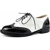 PIVAPAM Womens Oxfords Black and White Wingtip Chunky Heeled Patent Leather Vintage Brogue Lace Up Two Tone Saddle Shoes