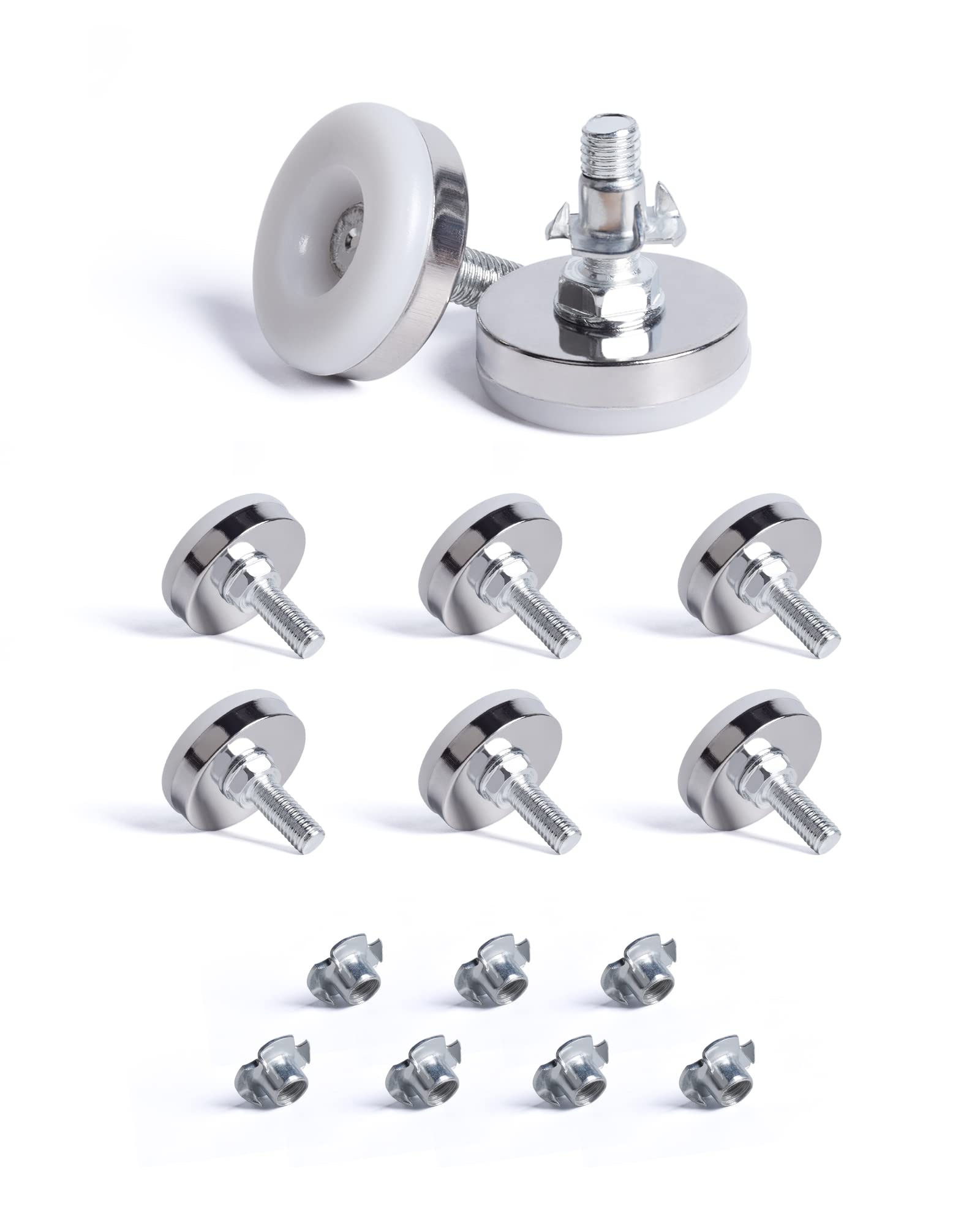 SPDYCESS 8 pcs M8 X 35MM Adjustable Levelling Feet, Screw-in Round Base Furniture Feet, Non-tilt Threaded Fixed Foot, Table Leg Extender Leveler, with 8 pcs 4-Pronged T Nuts, for Cabinet Desk Bed Legs — image 1