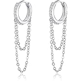 Reffeer 925 Sterling Silver CZ Chain Hoop Earrings Dangle Chain for Women Teens Dangle Earrings Tassel Hoop Earrings