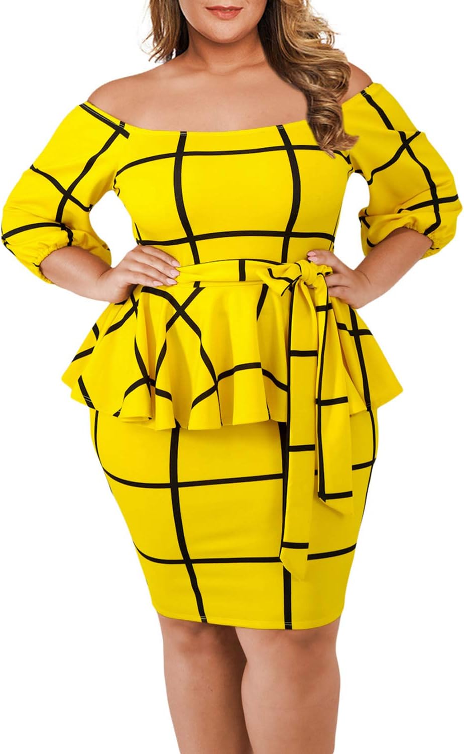 VINKKE Women's Plus Size Off Shoulder Peplum Dress Checked Bodycon Party Dress