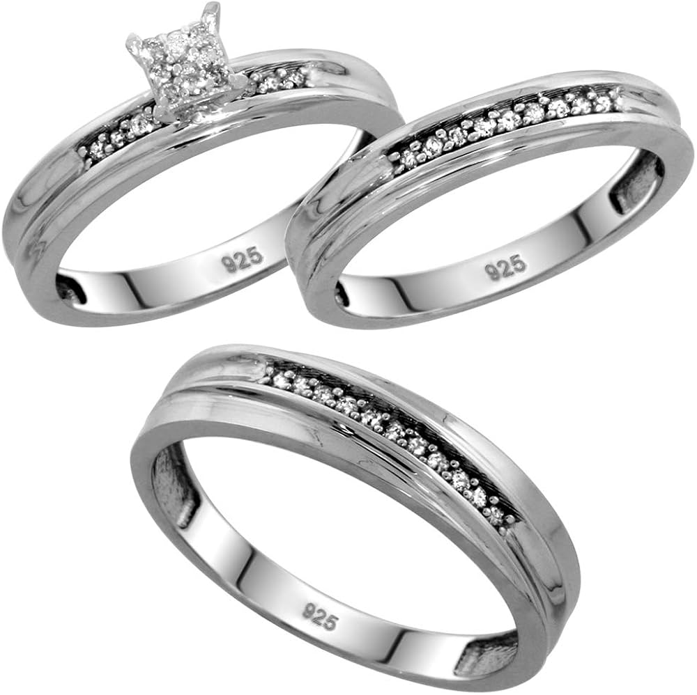 Genuine 925 Sterling Silver Diamond Trio Wedding Sets for